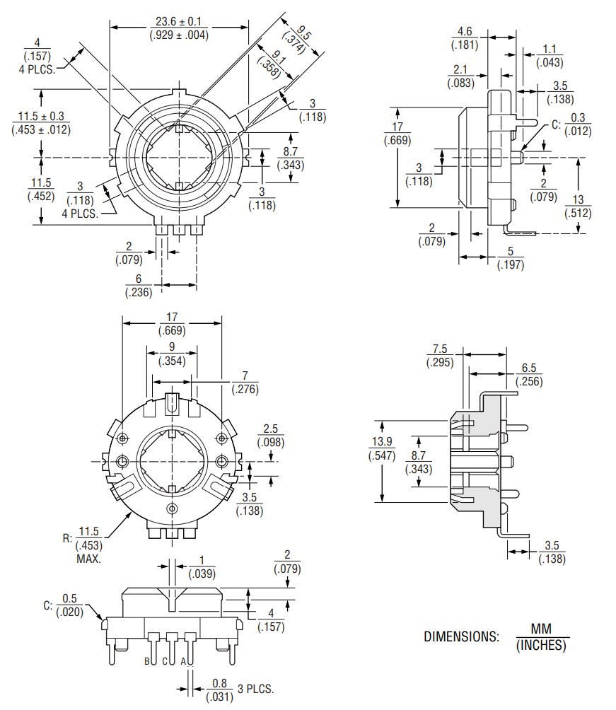 Mechanical Drawing - Bourns PER23 Long-Life Incremental Ring Encoder